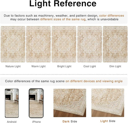 HUGEAR Machine Washable Area Rugs 5x7 Vintage Beige Brown Living Room Bedroom Rug Neutral Style Non Slip Stain Resistant Low Pile Throw Carpet for Home Retro Aesthetic Modern Decor