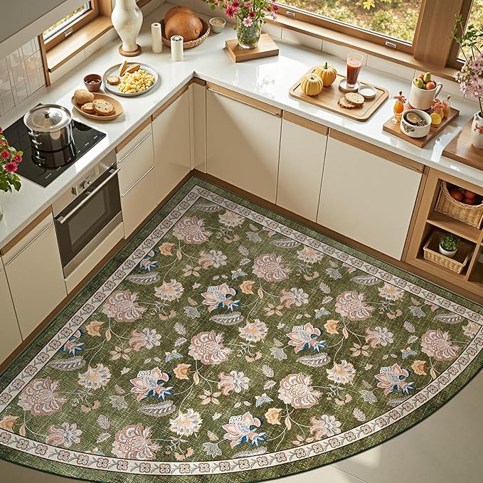 jinchan Elora Floral Corner Rug for Kitchen Washable Nursery Rug Vintage Romance Design Non Slip Quarter Circle Lightweight Low-Pile Throw Carpet for Playroom Reading Nook Office, 5ft Radius, Green