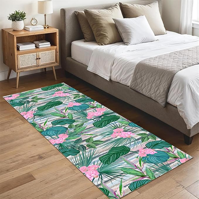 Tropical Runner Rug 2.6x10 ft - Floral & Leaf Print, Pink Flowers & Greenery - Non-Slip Easy Clean - Hallway, Living Room, Bedroom - Bohemian Watercolor Style