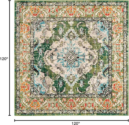 SAFAVIEH Monaco Collection Area Rug - 10' Square, Forest Green & Light Blue, Medallion Distressed Design, Non-Shedding & Easy Care, Ideal for High Traffic Areas in Living Room, Bedroom (MNC243F)