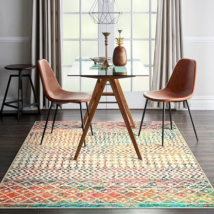 Moroccan Living Room Rugs, 5x7 Soft Bohemian Distressed Non-Slip Large Rug, Low Pile Washable Farmhouse Rug Indoor Floor Carpet for Bedroom Under Dining Table Home Office Decor