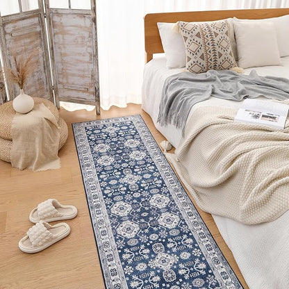VK VK·LIVING Machine Washable Rug 2'x6' Vintage Design Washable Runner Area Rugs with Non Slip Rugs for Living Room Bedroom Traditional Woven Carpet Stain Resistant Dining Office Boho Rug, (Navy)