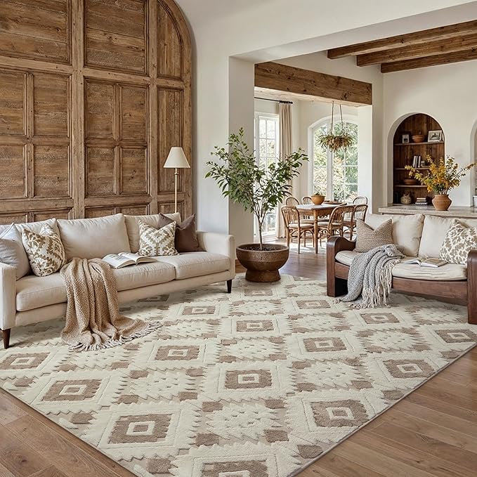 Ivory Brown 8x10 Area Rug Washable Living Room Moroccan Shag Carpet Non Slip Soft Neutral Boho Plush Pile Large Throw Rug for Office Bedroom Dining Room Playroom