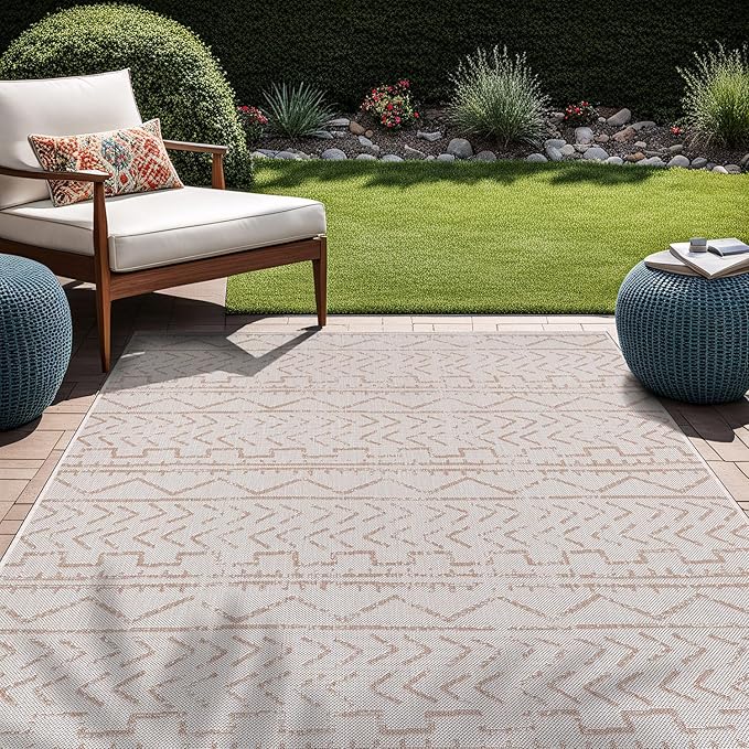 Beverly Rug Waikiki Indoor Outdoor Rug 5x7, Washable Outside Carpet for Patio, Deck, Porch, Trellis Area Rug, Water Resistant, Beige - White