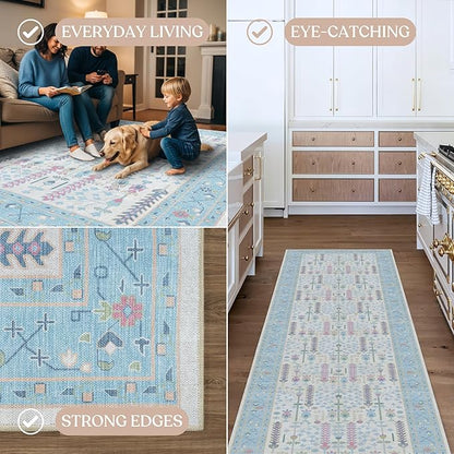 Fame Living Cream Blue Oushak Rug, Modern Rugs, Vintage, Turkish, Eclectic, Floral, Pastel, Washable, Small Throw, Accent Area Rug for Living Room, Bedroom, Kitchen, Bathroom, 2'5"x4'9