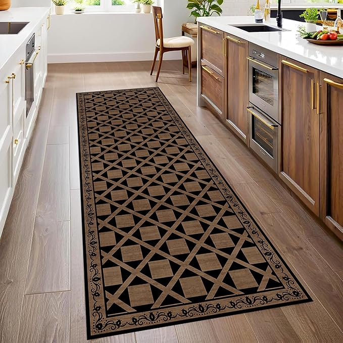 Minimalist Checkered Runner Rug, 1.3x7ft, Brown Checkerboard Floor Mat, Floral Print Hallway Kitchen Runners Rugs, Washable Breathable Reduce Noise Room Decor Carpet for Bedroom Foyer