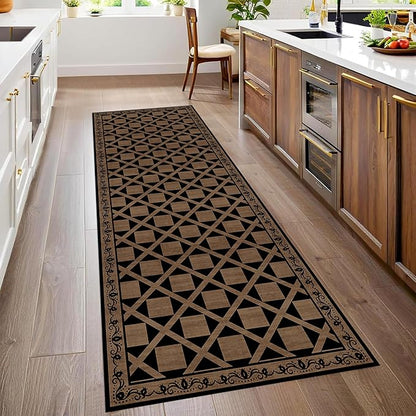 Minimalist Checkered Runner Rug, 3.3x10ft, Brown Checkerboard Floor Mat, Floral Print Hallway Kitchen Runners Rugs, Washable Breathable Reduce Noise Room Decor Carpet for Bedroom Foyer