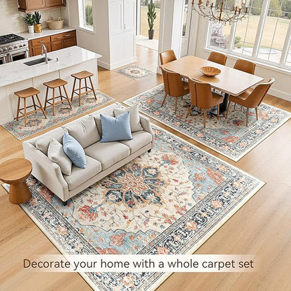 Area Rugs 6'x9' Washable Non-Slip, Floral Vintage Distress Print Pattern Medallion Carpet for Living Room Bedroom Dining Room, Beige Navy Blue Orange Colorful