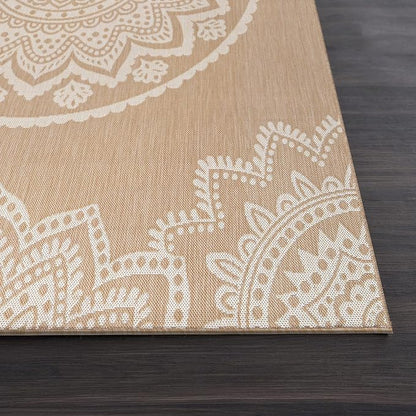 CAMILSON Outdoor Rug 8x10 Modern Area Rugs for Indoor and Outdoor Patios and Porches - Waterproof, Washable, Non-Shedding, Easy-to-Clean Outside Carpet (8 x 10, Medallion - Beige/White)