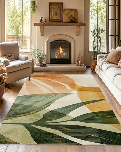Boho Tropical Leaves Washable Living Room Area Rug, Low Profile Abstract Pattern, Non-Slip Backing Carpet for Kitchen, Bedroom, Dining Room