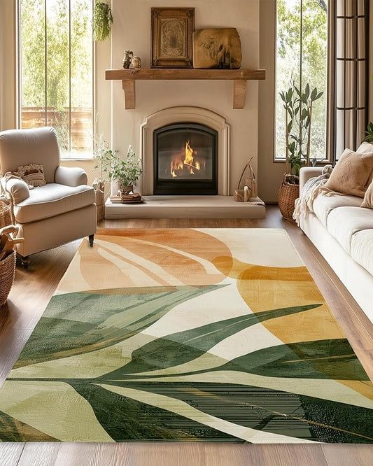 Boho Tropical Leaves Washable Living Room Area Rug, Low Profile Abstract Pattern, Non-Slip Backing Carpet for Kitchen, Bedroom, Dining Room