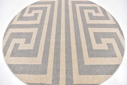 Unique Loom Athens Collection Classic Geometric Modern Border Design Area Rug (8' 0 x 8' 0 Round, Gray/ Beige)