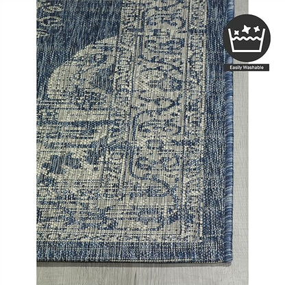 FH Home Outdoor Area Rug - Waterproof Easy to Clean Stain Resistant - Patio Indoor Outdoor Porch Deck Balcony Entryway - Vintage Distressed - Gorgan - Blue - 7ft 8in x 9ft 8in