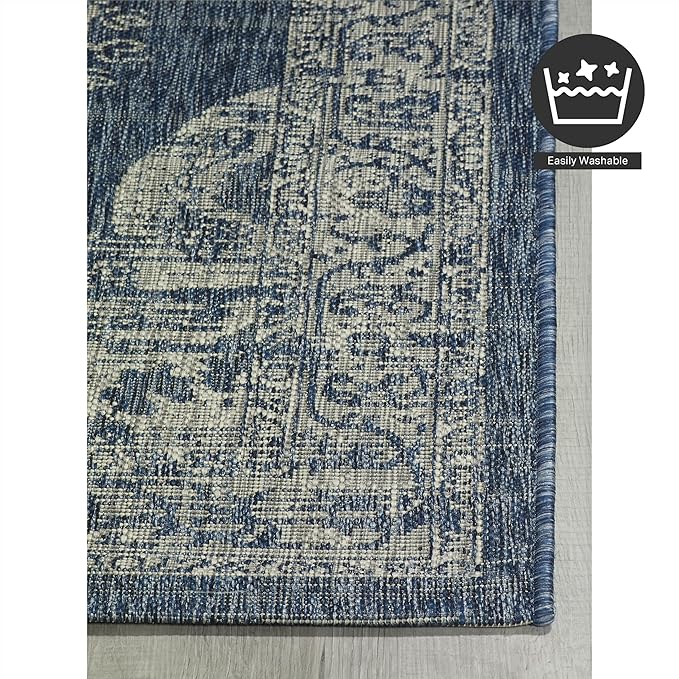 FH Home Outdoor Rug - Waterproof Easy to Clean Stain Resistant - Patio Indoor Outdoor Porch Deck Balcony Entryway - Vintage Distressed - Gorgan - Blue - 5ft 2in x 7ft 6in