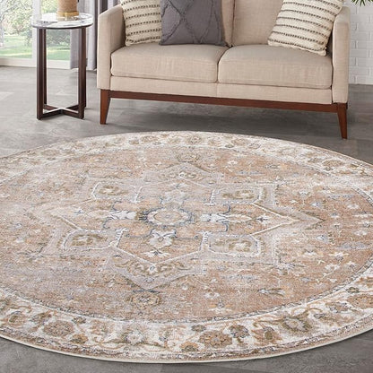 Nourison Home Astra Machine Washable Beige 5'3" x Round Area Rug - Easy Clean, Non Shedding, Bed Room, Living Room, Dining Room, Kitchen (5' x Round)