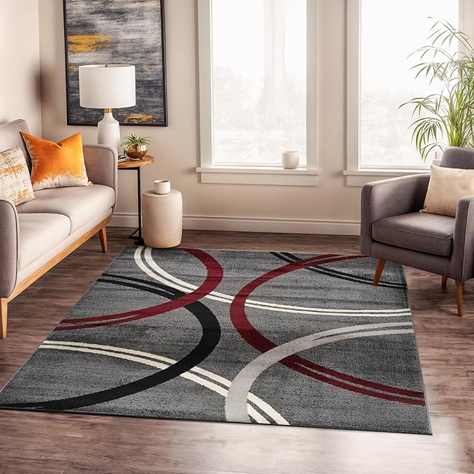 Rugshop Modern Wavy Circles Design Non-Shedding Square Rug, Carpet for Dining Room or Living Room, Red, 6'6" x 6'6"