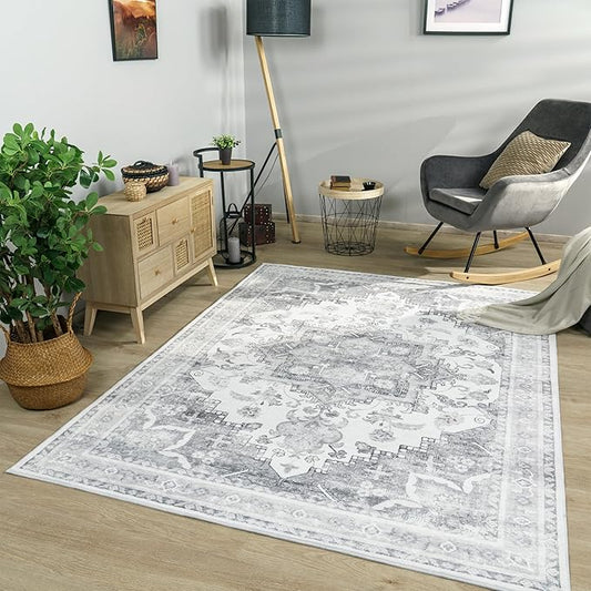 Paco Home Vintage Area Rug with Faded Oriental Pattern in Grey, Size: 5'3" x 7'3"