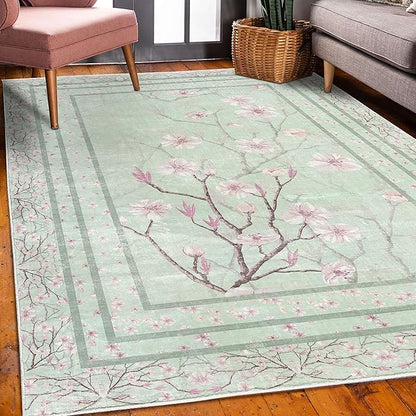 Ambesonne Apple Blossom Decorative Rug, Flowers and Blooming Spring Season Branches Nature Garden Romance, Quality Carpet for Bedroom Dorm and Living Room, 4' X 5' 5", Mint Green and Pink