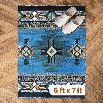 YHSF South West Native American Area Rug C318 - Easy Clean, Thick, Soft, Durable Native Tribal American Indian Inspired Rug for Bedroom/Living Room and More - Blue-Green, 5 Feet x 7 Feet