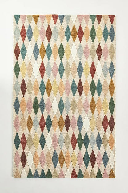 Hand-Tufted Wool Rug with Multicolor Diamond Pattern (2.5x11 Ft) - Modern Geometric Accent Rug for Living Room, Bedroom, or Office, Ivory Base
