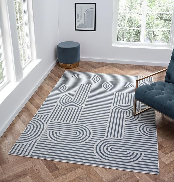 Annabel Modern Geometric Area Rug for Living Room, 8x10 Contemporary Arched Linear Large Gray Rug, High-Low Pile Stain Resistant Carpet for Bedroom, Dining Room or Kitchen (8' x 10', Gray)