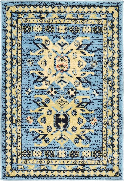 Unique Loom Taftan Collection Border Geometric Tribal Inspired Design Area Rug, 2 ft 2 in x 3 ft, Light Blue/Gold