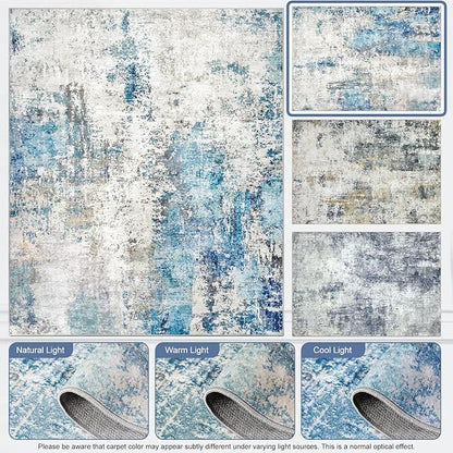 Washable Area Rugs for Living Room 8x10 - Large Neutral Modern Abstract Rug, Soft Low Pile Carpet with Non Slip Backing for Under Dining Room Table, Bedroom, Home, Office, Dorm - Blue Gray