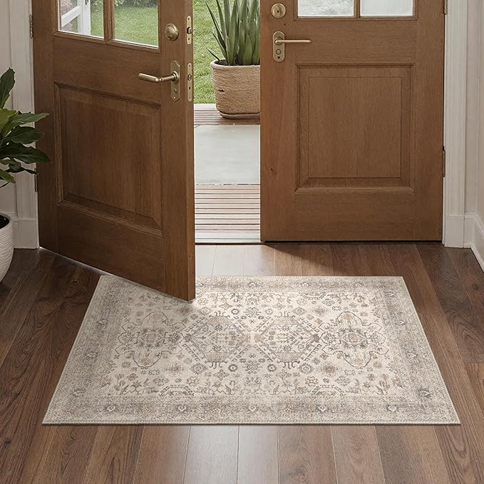 Bavni Washable Entry Rug 2x3, Non Slip Door Mat for Entryway or Kitchen, Vintage Print Low Pile Ultra Thin Indoor Rug, Light Taupe Brown