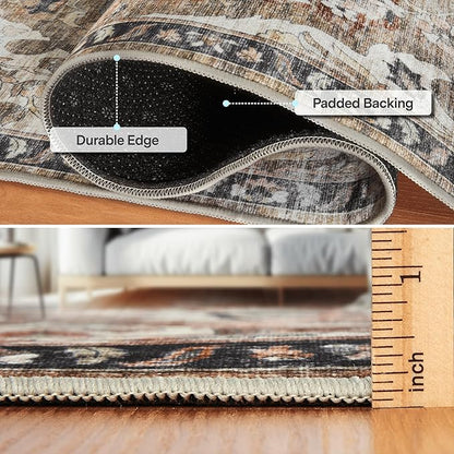 ReaLife Rugs Machine Washable Area Rug Runner - Living Room Bedroom Bathroom Kitchen Entryway Office - Padded Low Pile Stain Resistant Premium - Boho Farmhouse Vintage - Joy - Brown Beige 3' x 5'