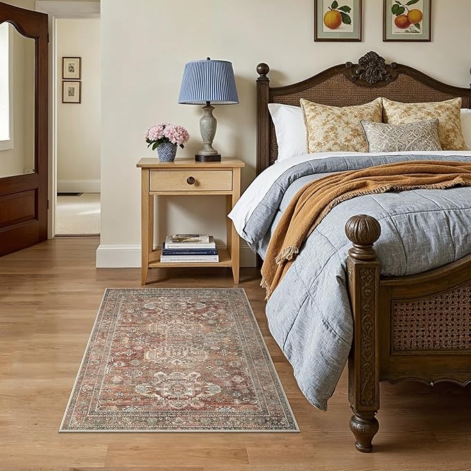 Bavni 3x5 Area Rug for Living Room Bedroom, Washable Boho Print Vintage Aesthetic Rug, Ultra-Thin Low Pile Rugs for Entryway Playroom with Non Slip Backing, Brick
