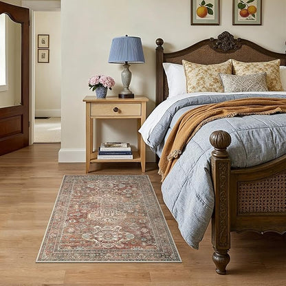 Bavni 3x5 Area Rug for Living Room Bedroom, Washable Boho Print Vintage Aesthetic Rug, Ultra-Thin Low Pile Rugs for Entryway Playroom with Non Slip Backing, Brick