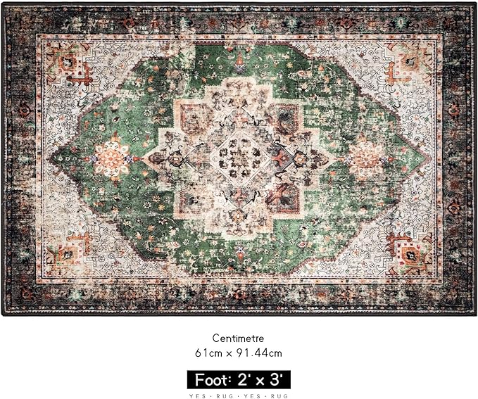 2x3 Small Rugs for Entryway, Green Boho Area Rug for Bathroom Throw Hallway Vintage Kitchen Rugs Non Slip Washable, Indoor Entrance Floor Carpet
