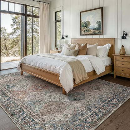 Bavni 6x9 Area Rugs for Living Room, Machine Washable Rug Non Slip, Vintage Chenille Distressed Print Carpet, Large Low Pile Ultra-Thin Lightweight Rugs for Bedroom, Dining Room, Home, Office, Red