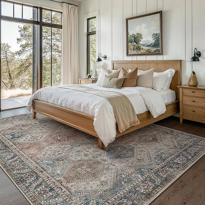 Bavni 8x10 Area Rugs for Living Room, Machine Washable Rug Non Slip, Vintage Chenille Distressed Print Carpet, Large Low Pile Ultra-Thin Lightweight Rugs for Bedroom, Dining Room, Home, Office, Red