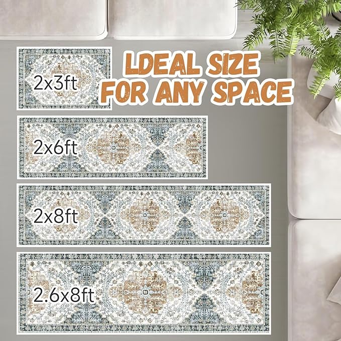 Boho Mandala Pattern 2.6x8ft Runner Rug Non Slip Washable Kitchen Runner Rug with Rubber Backing，Low-Pile Soft Washable Runner Rugs for Hallway Entryway Kitchen Bedroom Living Room Bathroom
