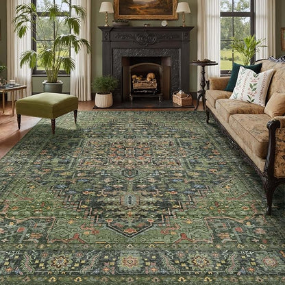 Kokia 9x12 Washable Area Rugs Dark Green with Vintage Orient Design, Soft Rug for Living Room or Bedroom, Non-Slip Low Pile Stain Resistance Features, Distressed Medallion Pattern