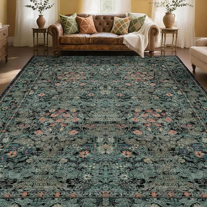 Boho Dark Green Floral Area Rug 8x10 for Living Room, Washable Farmhouse Moody Rug for Bedroom, Dining Room Under Table, Cottage Core Distressed Low Pile Non Slip Carpet, Soft Large Mat