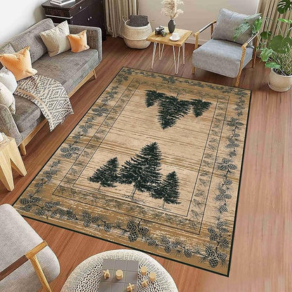 UNREASTO Country Cabin Area Rug 5x6ft Rustic Nature Forest Pine Cone Pine Tree Plant Vintage Home Decor Floor Rug Non-Slip Easy Clean Lodge Rug for Living Room Bedroom Entry Office Hardwood Floor