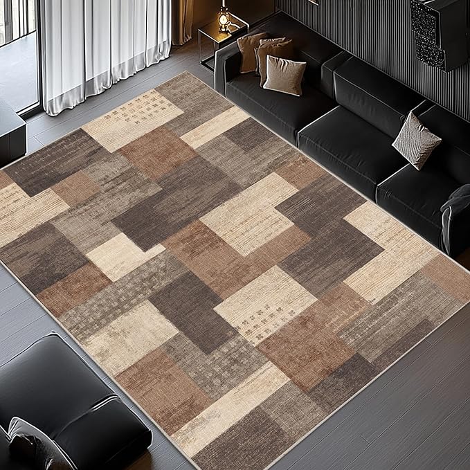 Modern Geometric Patchwork Indoor Area Rug for Living Room, Beige 8'x 10' Large Rug Rockwood Collection Hardwood Floors Decor for Bedroom, Beige Throw Carpet for Office Entryway Dining Room