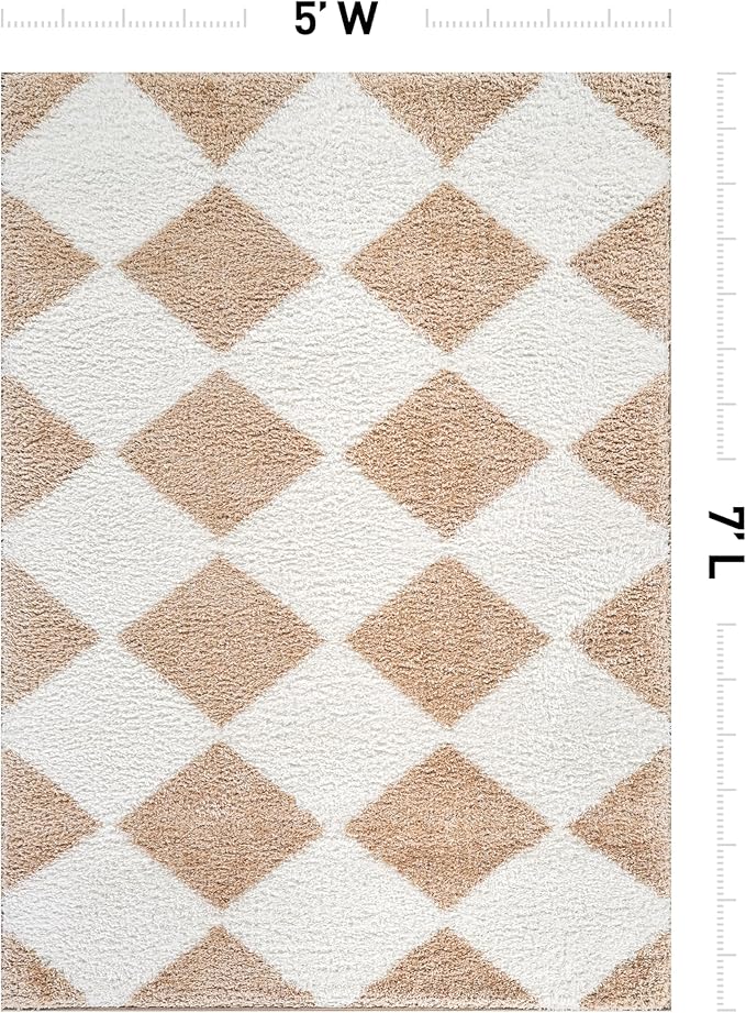Rugshop Diamond Wave Shag Area Rug Beige 5' x 7' Great for Bedrooms, Living Rooms, or Under Coffee Tables