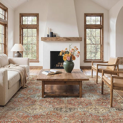 Bavni 8x10 Area Rugs for Living Room, Machine Washable Rug Non Slip, Vintage Chenille Distressed Print Carpet, Large Low Pile Ultra-Thin Lightweight Rugs for Bedroom, Dining Room, Office, Spice Sky