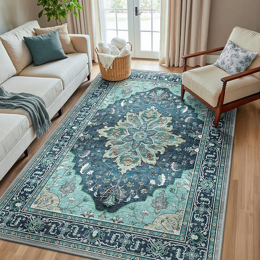 Area Rugs 5'x8' Washable Non-Slip, Floral Vintage Distress Print Pattern Medallion Carpet for Living Room Bedroom Dining Room, Teal Green Lake Blue Turquoise