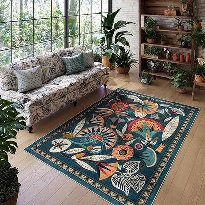 Boho Egypt Green Area Rugs for Living Room Bedroom, 5x7 Washable Large Dining Room Rug Non Slip, Floral Vintage Farmhouse Throw Carpet for Office Hardwood Floor Playroom (Dark Green,5 x 7)