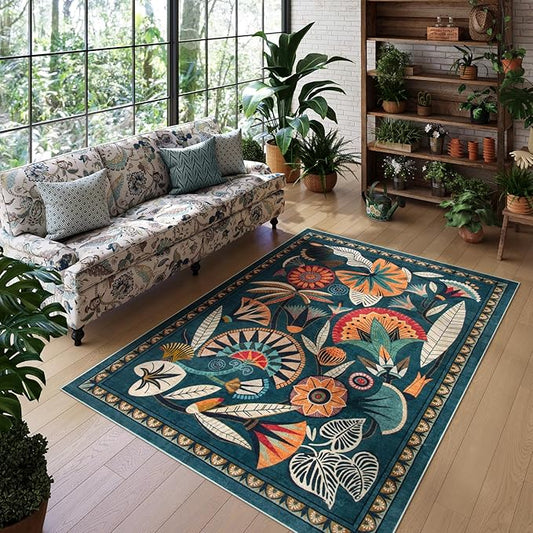 Boho Egypt Green Area Rugs for Living Room Bedroom, 5x7 Washable Large Dining Room Rug Non Slip, Floral Vintage Farmhouse Throw Carpet for Office Hardwood Floor Playroom (Dark Green,5 x 7)