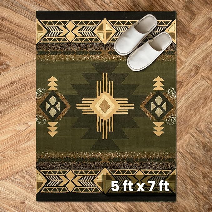 YHSF South West Native American Area Rug C318 - Easy Clean, Thick, Soft, Durable Native Tribal American Indian Inspired Rug for Bedroom/Living Room and More - Sage Green, 5 Feet x 7 Feet