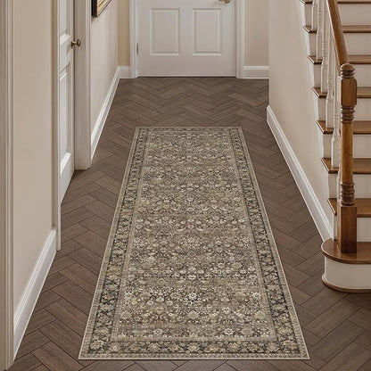HUGEAR 2x6 Runner Rug Machine Washable Brown Hallway Area Rugs Indoor Accent Rugs Floral Mid Pile Carpet Distressed Soft Thicker Throw Rug Bedroom Office Dining Kitchen Laundry Non Slip