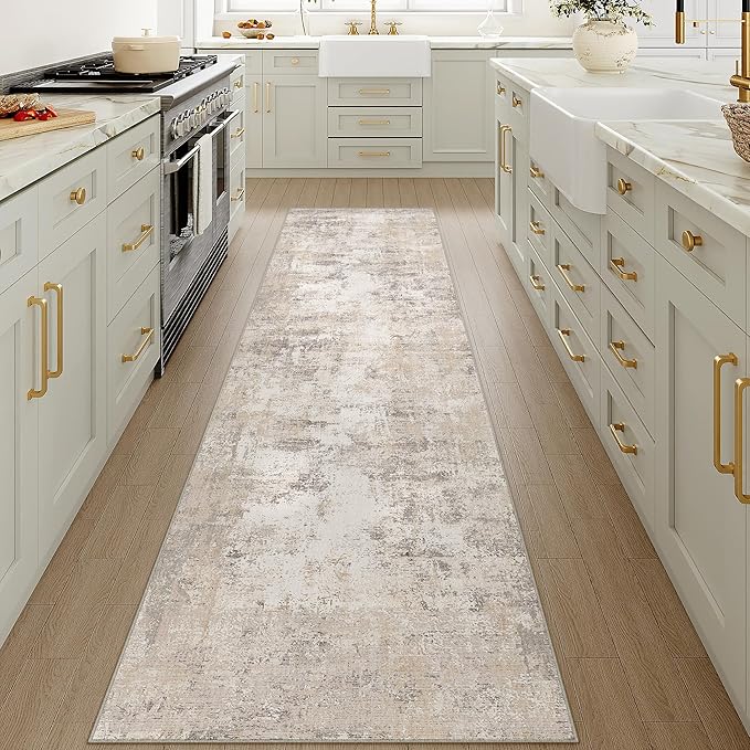 2x14 Washable Runner Rug Beige Grey Abstract Hallway Kitchen Throw Rug Neutral Modern Non Slip Soft Low Pile Carpet for Bathroom Laundry Bedroom Living Room