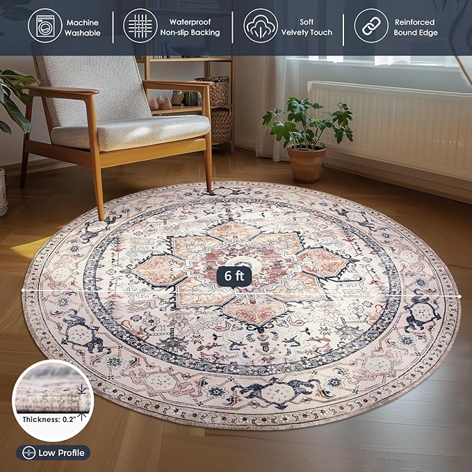 PURRUGS Vintage Farmhouse Boho Area Rug 6x6 ft, Non-Slip Machine Washable Round Rug, Accent Oriental Rug for Dining Room, Living Room, Bedroom, Entryway and Kitchen, Coral Red/Marine Blue