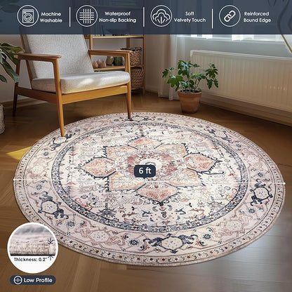 PURRUGS Vintage Farmhouse Boho Area Rug 6x6 ft, Non-Slip Machine Washable Round Rug, Accent Oriental Rug for Dining Room, Living Room, Bedroom, Entryway and Kitchen, Coral Red/Marine Blue