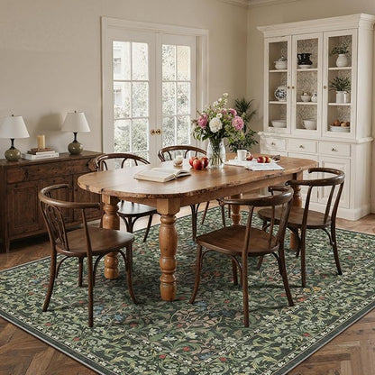 Bavni 6x9 Area Rugs for Living Room, Floral Rug Machine Washable Non Slip, Vintage Boho Forest Carpet, Soft Low Pile Thin Lightweight Rugs for Bedroom, Farmhouse, Dining Room Office, Emerald Green